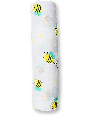 Lulujo Baby Swaddle Blanket 120 x 120 cm, Bumbling Bee - 100% cotton muslin Muslin Swaddle