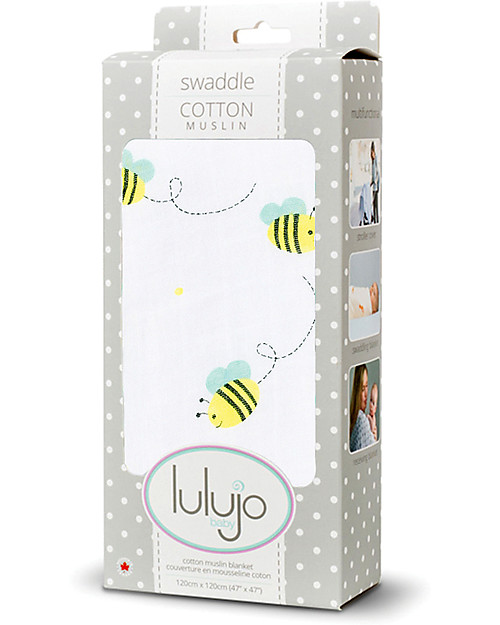 Lulujo Baby Swaddle Blanket 120 x 120 cm, Bumbling Bee - 100% cotton muslin Muslin Swaddle