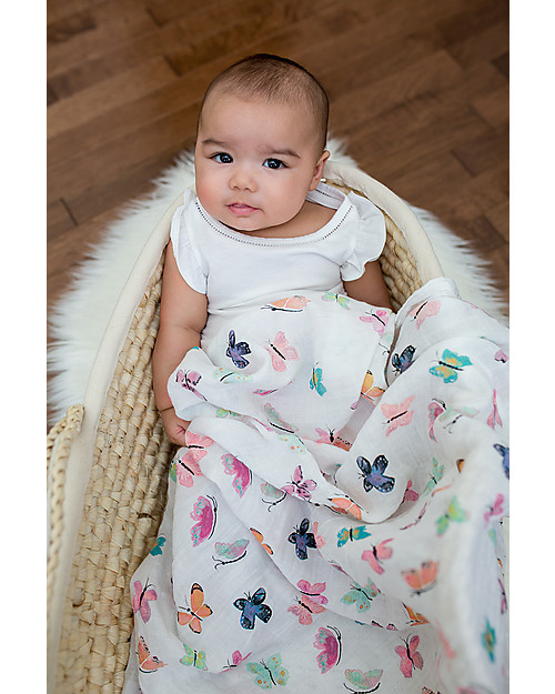 Lulujo Baby Swaddle Blanket 120 x 120 cm, Butterfly - 100% cotton muslin Muslin Swaddle