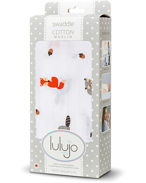 Lulujo Baby Swaddle Blanket 120 x 120 cm, Forest Friends - 100% cotton muslin Muslin Swaddle