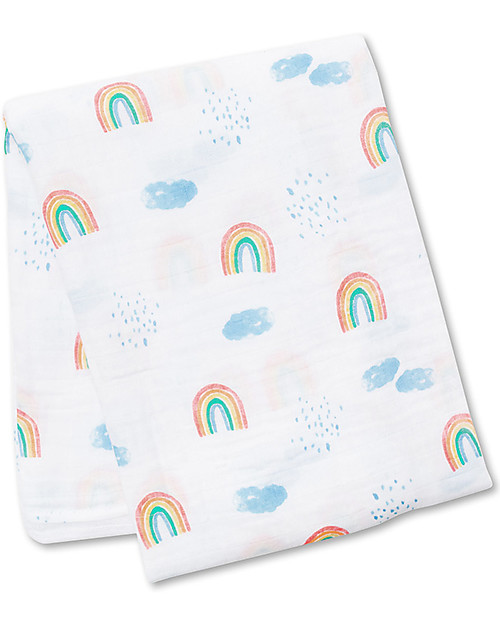 Lulujo Baby Swaddle Blanket 120 x 120 cm, Rainbow Sky - 100% cotton muslin Muslin Swaddle