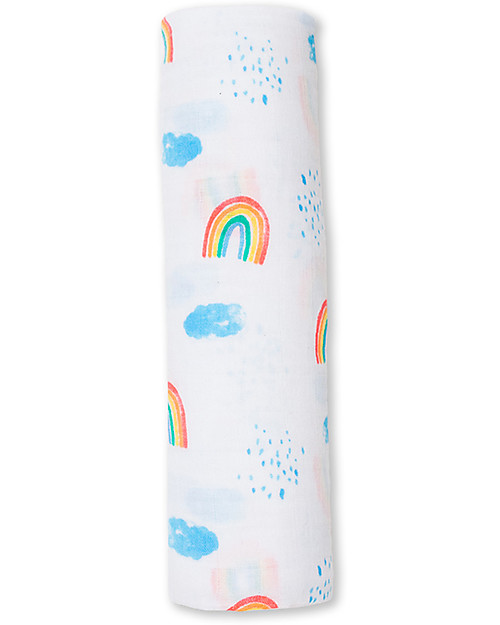 Lulujo Baby Swaddle Blanket 120 x 120 cm, Rainbow Sky - 100% cotton muslin Muslin Swaddle