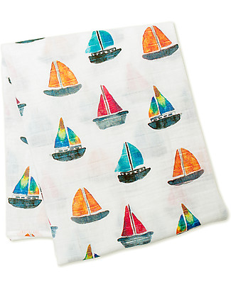 Lulujo Baby Swaddle Blanket 120 x 120 cm, Sailboats - 100% cotton muslin Swaddles