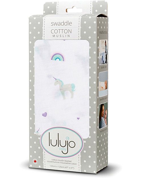 Lulujo Baby Swaddle Blanket 120 x 120 cm, Unicorns - 100% cotton muslin Muslin Swaddle