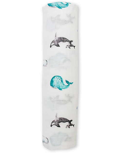 Lulujo Baby Swaddle Blanket 120 x 120 cm, Whale - Bamboo muslin Muslin Swaddle