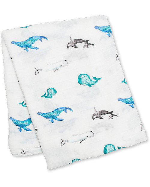 Lulujo Baby Swaddle Blanket 120 x 120 cm, Whale - Bamboo muslin Muslin Swaddle