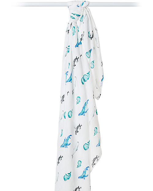 Lulujo Baby Swaddle Blanket 120 x 120 cm, Whale - Bamboo muslin Muslin Swaddle