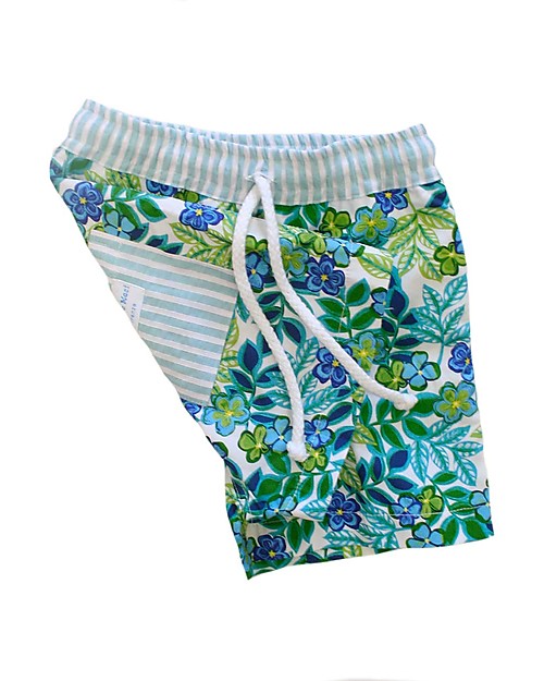Maghi e Maci Firenze Boy's Swim Trunks, Green/Light Blue - 100% Cotton, Hand Made in Florence Swimming Trunks
