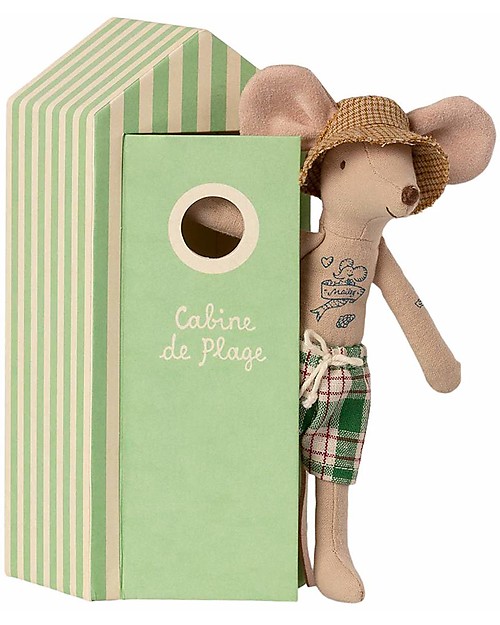 Maileg Beach Mice - Dad - with Cabine de Plage - 17,5 cm Puppets