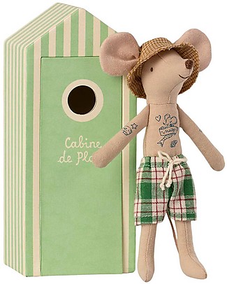 Maileg Beach Mice - Dad - with Cabine de Plage - 17,5 cm Soft Toys