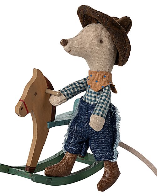 Maileg Cowboy Mouse on Rocking Horse - Little Brother - Height 11 cm Puppets