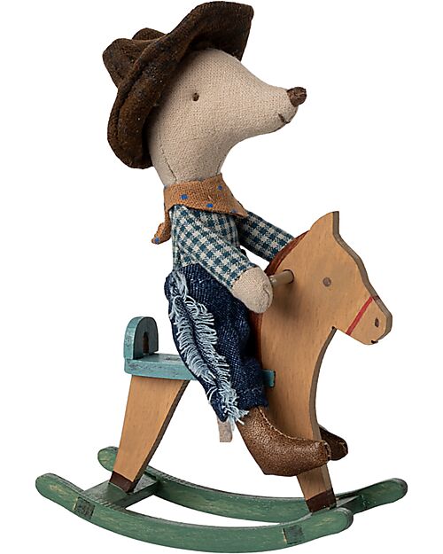 Maileg Cowboy Mouse on Rocking Horse - Little Brother - Height 11 cm Puppets