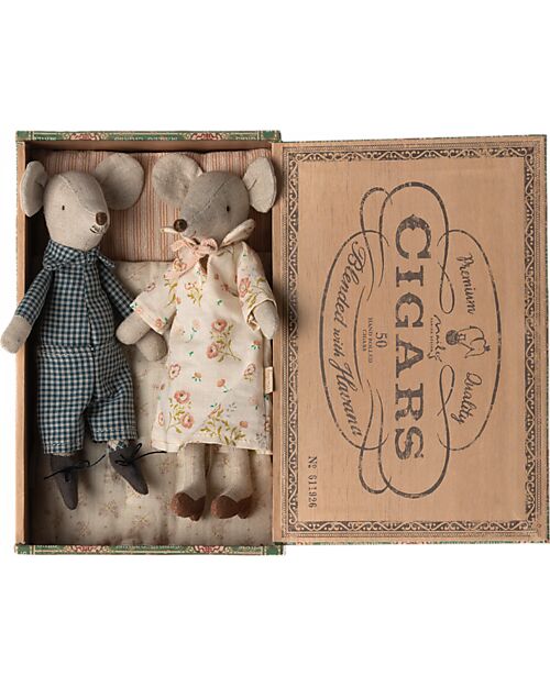Maileg Grandma and Grandpa Mice in Cigar Box - Blue - Height 17 cm Puppets