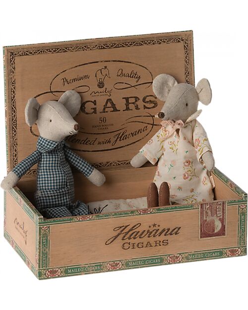 Maileg Grandma and Grandpa Mice in Cigar Box - Blue - Height 17 cm Puppets