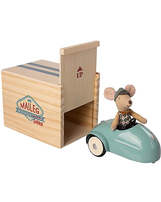 Maileg Mouse with Vintage Blue Car and Garage - 10 cm Wooden Toy Cars, Trains & Trucks