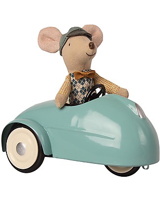 Maileg Mouse with Vintage Blue Car and Garage - 10 cm Wooden Toy Cars, Trains & Trucks