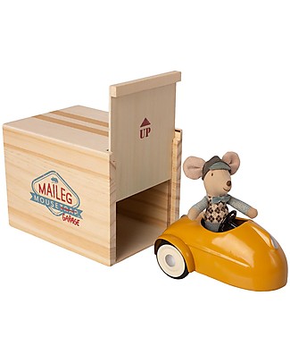 Maileg Mouse with Vintage Yellow Car and Garage - 10 cm Wooden Toy Cars, Trains & Trucks