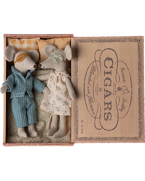 Maileg Mum and Dad Mmice in Cigarbox - Light Blue - 17 cm Height Puppets