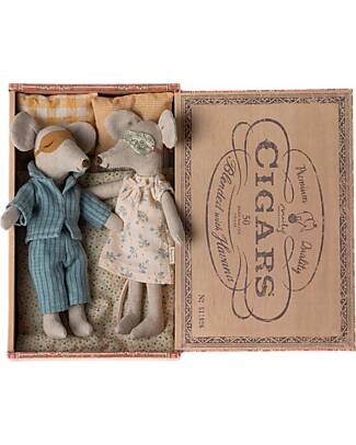 Maileg Grandma and Grandpa Mice in Cigar Box - Blue - Height 17 cm unisex  (bambini)