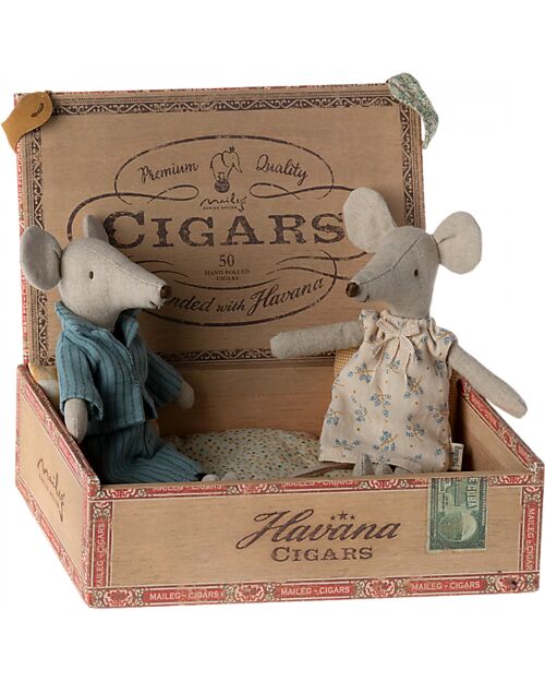 Maileg Mum and Dad Mmice in Cigarbox - Light Blue - 17 cm Height Puppets