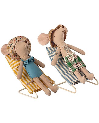 Maileg Set 2 Beach Chairs - Stripes Motif - Yellow and Blue - for Maileg Mice - 5 cm Puppets