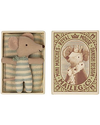 Maileg Sleepy/Wakey Baby Mouse in MatchBox - 8 cm - Boy Soft Toys