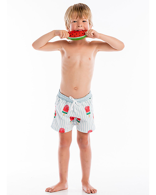 Maria Bianca Boy Swim Shorts, Light Blue Stripes/Popsicles Swimming Trunks