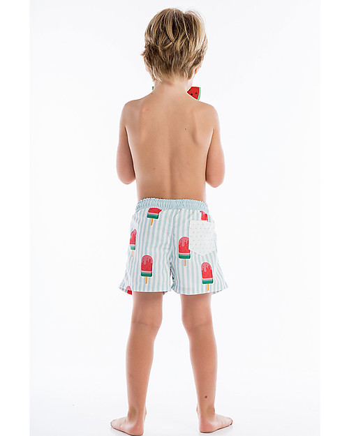 Maria Bianca Boy Swim Shorts, Light Blue Stripes/Popsicles Swimming Trunks