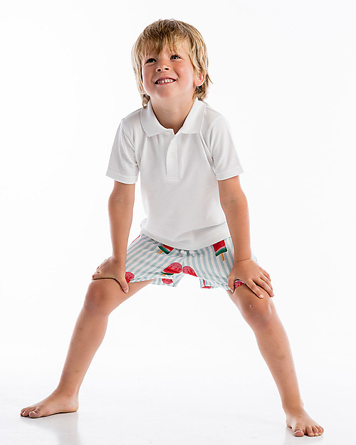Maria Bianca Boy Swim Shorts, Light Blue Stripes/Popsicles Swimming Trunks