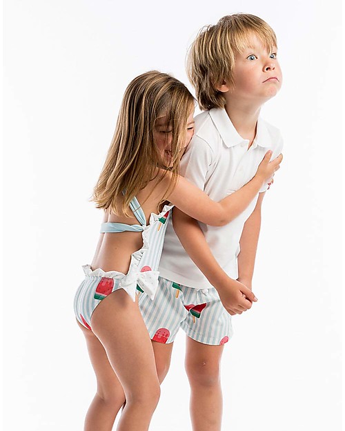 Maria Bianca Boy Swim Shorts, Light Blue Stripes/Popsicles Swimming Trunks