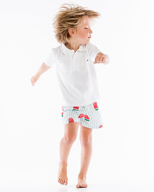 Maria Bianca Boy Swim Shorts, Light Blue Stripes/Popsicles Swimming Trunks