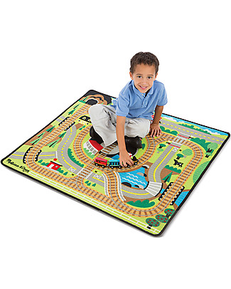 Melissa & Doug Around the Rails Train Rug - 100 x 90 cm - Includes 3 Wooden Train Cars Playmats