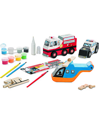 Melissa & Doug DIY Wooden Rescue Vehicles Set - To Build and Paint - Includes 3 vehicles + paint + stickers! Wooden Toy Cars, Trains & Trucks