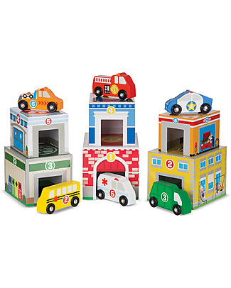 Melissa & Doug Nesting & Sorting Buildings & Vehicles - Wooden Educational Toy - 12 pieces Wooden Toy Cars, Trains & Trucks