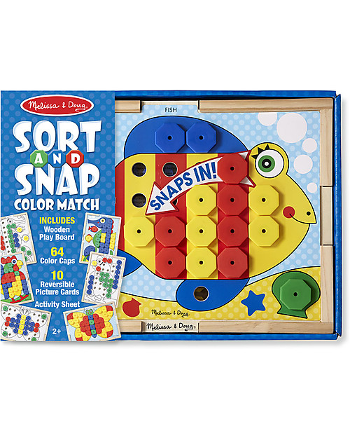 Melissa & Doug Sort and Snap Colour Match - Wooden case with 64 snap caps and 10 reversible picture cards! Montessori Toys