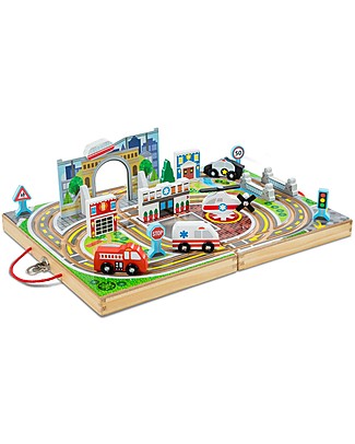 Melissa & Doug Take-Along Town- Includes Scenery + Vehicles and Buildings! Wooden Toy Cars, Trains & Trucks