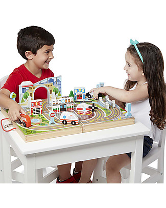 Melissa & Doug Take-Along Town- Includes Scenery + Vehicles and Buildings! Wooden Toy Cars, Trains & Trucks