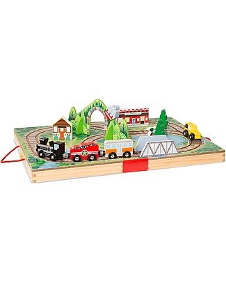 Melissa & Doug Take-along Wooden RailRoad - Includes Scenery + Vehicles and Buildings! Wooden Toy Cars, Trains & Trucks