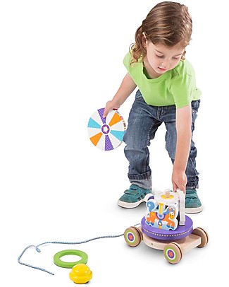 Melissa & Doug Unit Block on Wheels - Carousel Pull toy on Cart! Wooden Push & Pull Toys