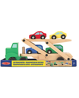 Melissa & Doug Wooden Car Transporter, 6 Pieces - Perfect gift idea! Wooden Toy Cars, Trains & Trucks