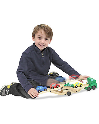Melissa & Doug Wooden Car Transporter, 6 Pieces - Perfect gift idea! Wooden Toy Cars, Trains & Trucks