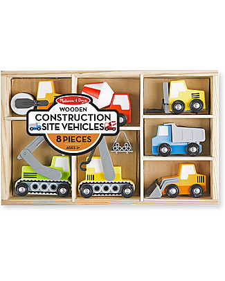 Melissa & Doug Wooden Construction Site Vehicles, 8 pieces + box - Great Gift Idea! Wooden Toy Cars, Trains & Trucks