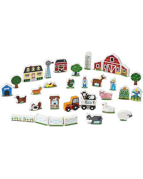 Melissa & Doug Wooden Farm & Tractor Play Set, 33 pieces with box - Great Gift Idea! Wooden Toy Cars, Trains & Trucks