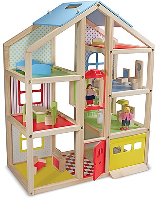 Melissa & Doug Wooden Hi-Rise Dollhouse - Includes 15 pieces of furniture and 3 play people Story Making Games