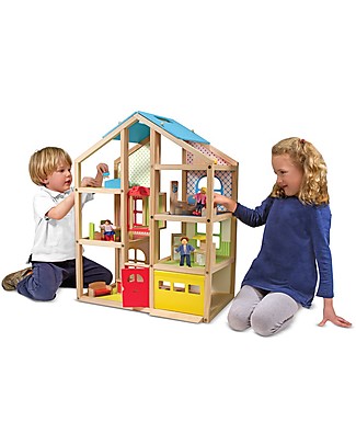 Melissa & Doug Wooden Hi-Rise Dollhouse - Includes 15 pieces of furniture and 3 play people Story Making Games