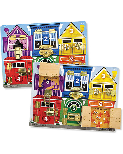 Melissa & Doug Wooden Latches Board - Teaches numbers - colours - animals - dexterity! Wooden Stacking Toys