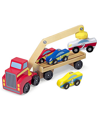 Melissa & Doug Wooden Magnetic Car Loader - Includes 4 cars! Wooden Toy Cars, Trains & Trucks