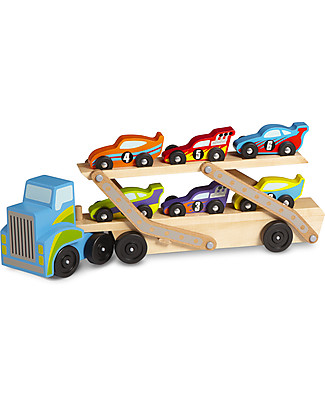 Melissa & Doug Wooden Mega Race-Car Carrier - 8 Pieces - Perfect gift idea! Wooden Toy Cars, Trains & Trucks