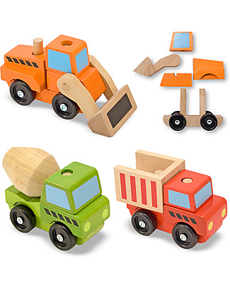 Melissa & Doug Wooden Stacking Construction Vehicles - 15 Pieces Wooden Toy Cars, Trains & Trucks