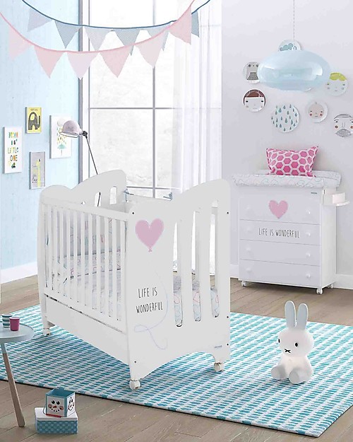 Micuna Beech Wood Cot Wonderful, White/Pink - Can be turned into a twin cot! Cribs & Moses Baskets